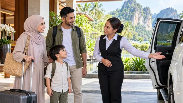 A family with luggage is welcomed by a smiling driver next to a white SUV